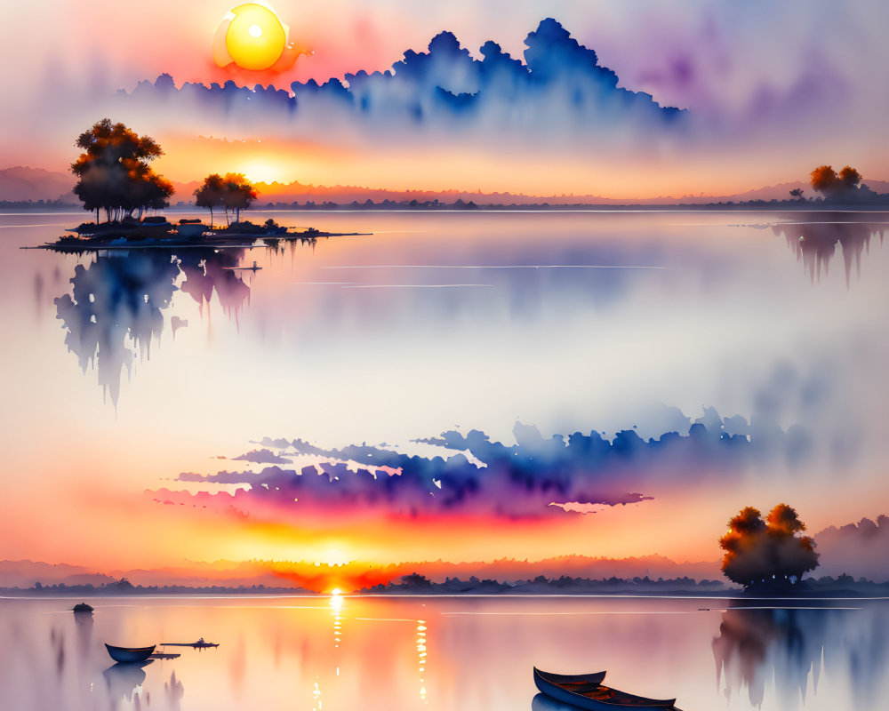 Tranquil sunset over calm lake with silhouetted trees and boats