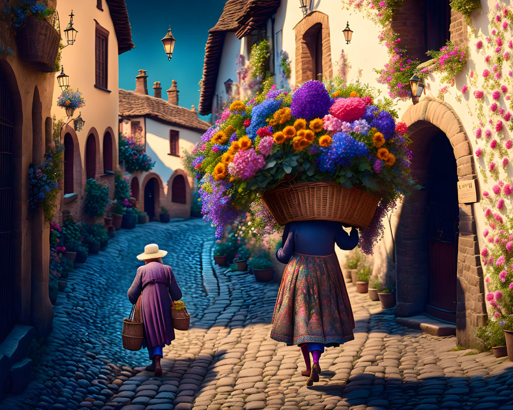 Two individuals walking in a village with colorful flowers and cobblestone street