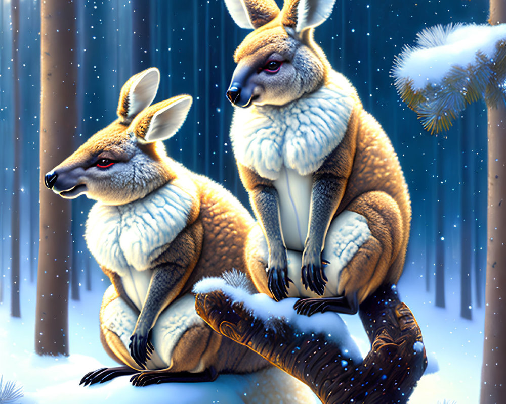 Two kangaroos with thick fur in snowy forest, one with paws on tree branch