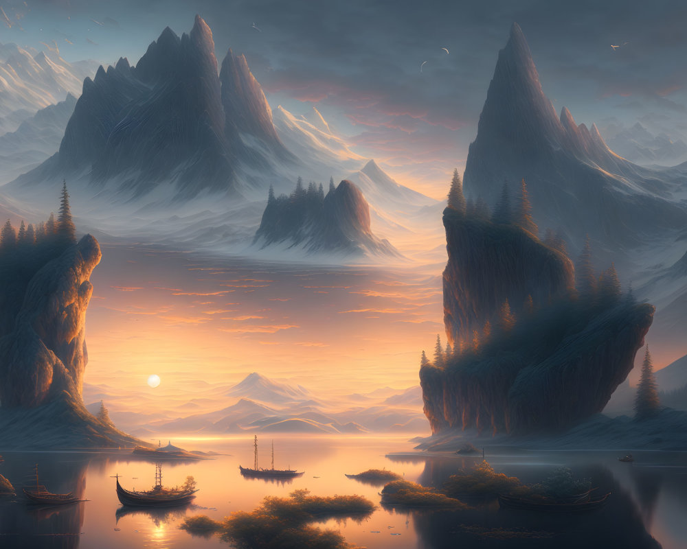 Majestic mountains, serene waters, boats, and a glowing sky with birds.