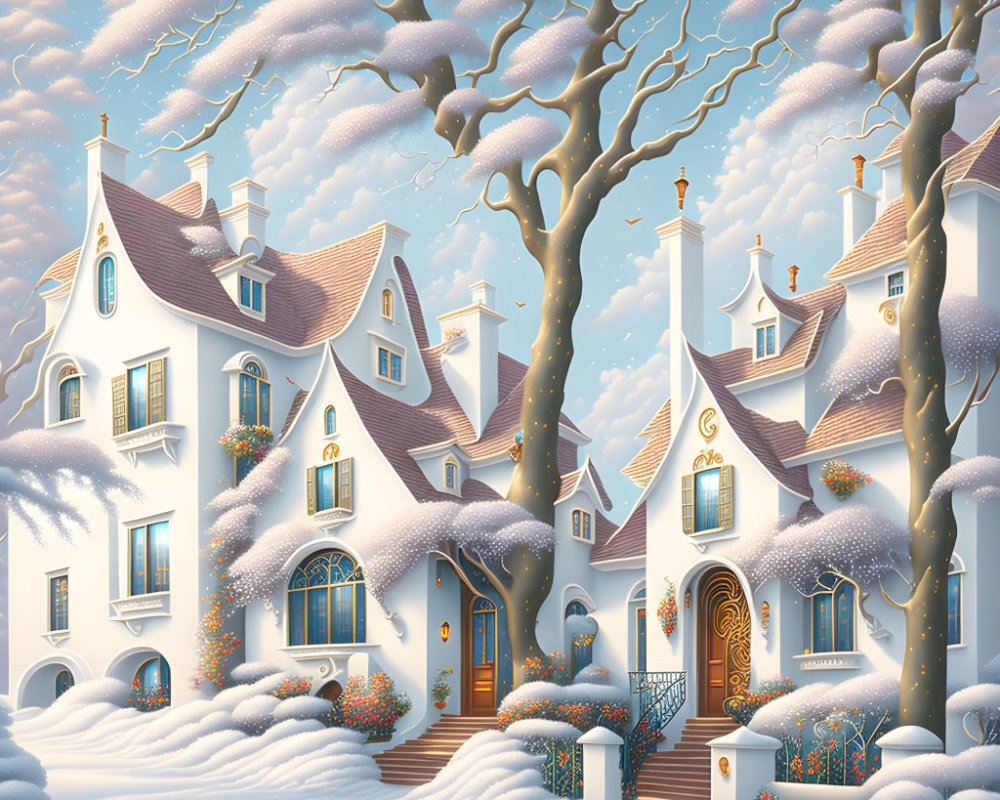 Snow-covered cottages with unique architecture in whimsical winter scene