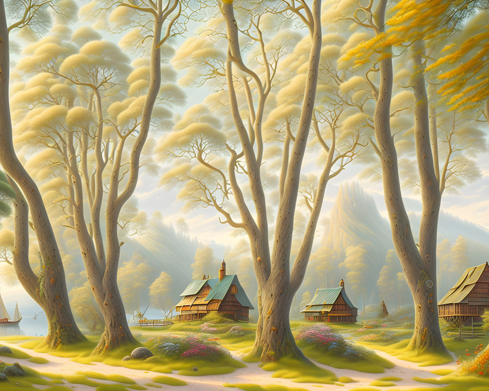 Tranquil landscape with golden trees, lake, cabins, and sun rays