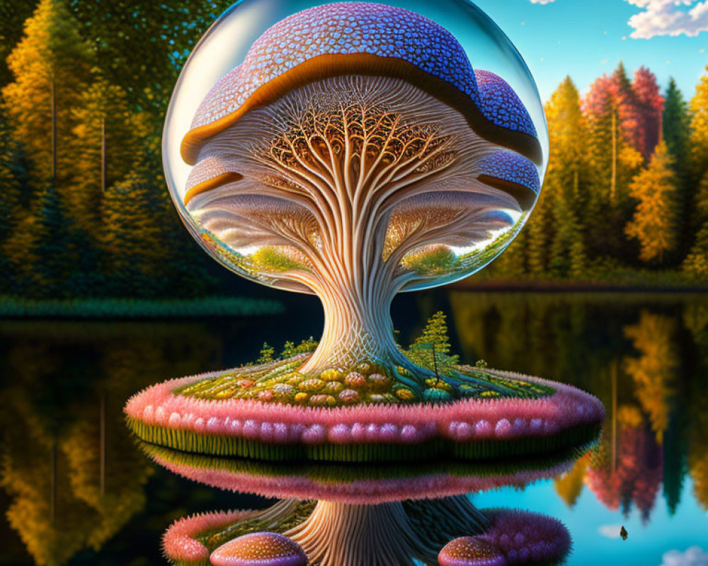 Surreal landscape with bubble-encased tree and colorful forest