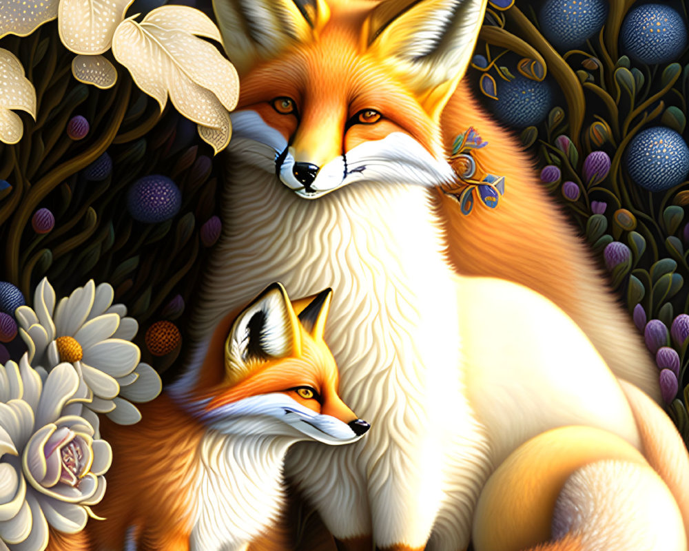 Vibrant illustration of two stylized foxes with intricate patterns and lush flora