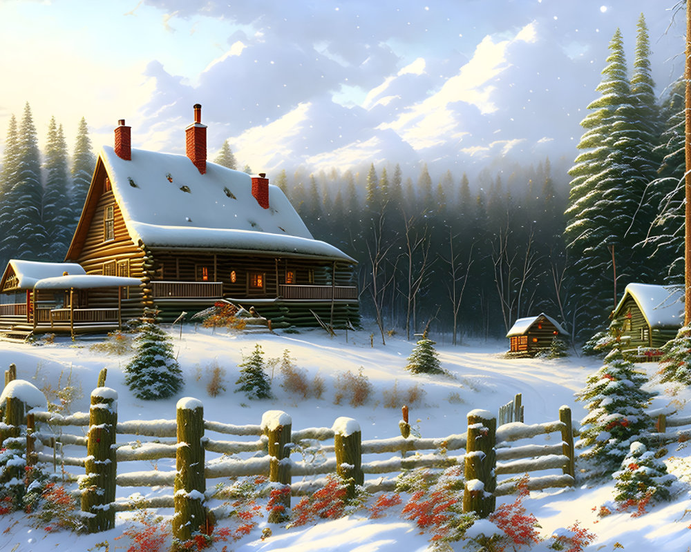 Snow-covered log cabin in serene winter landscape