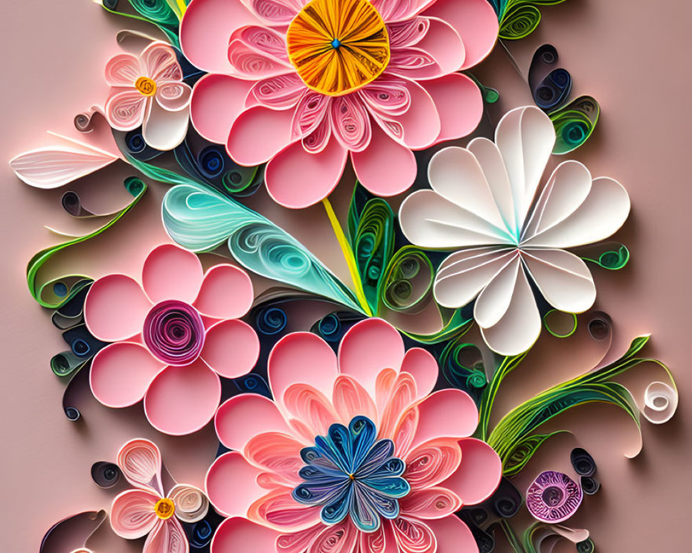 Colorful Floral Paper Quilling Artwork on Beige Background