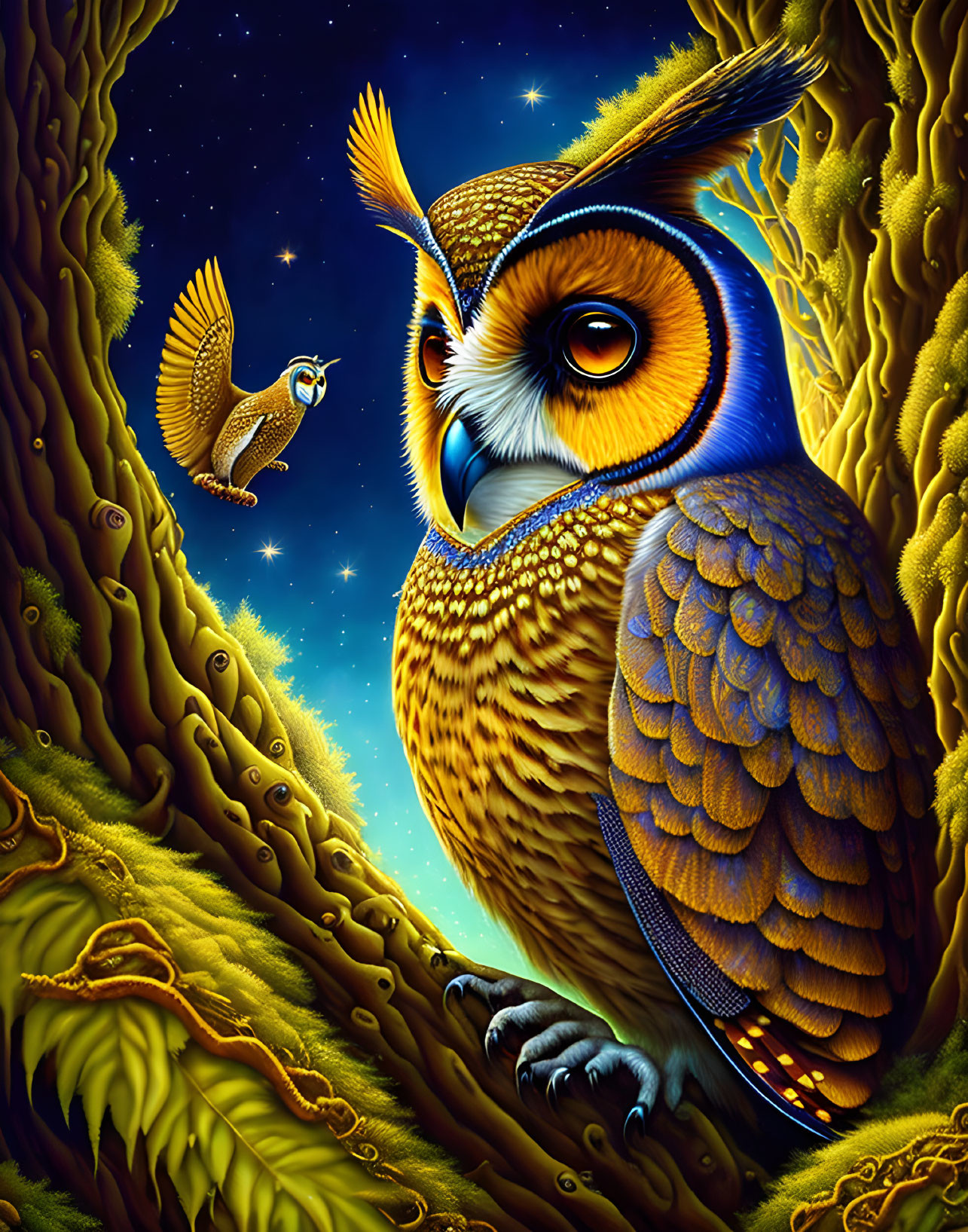 Colorful Owl Illustration with Detailed Feathers on Branch and Starry Sky Background