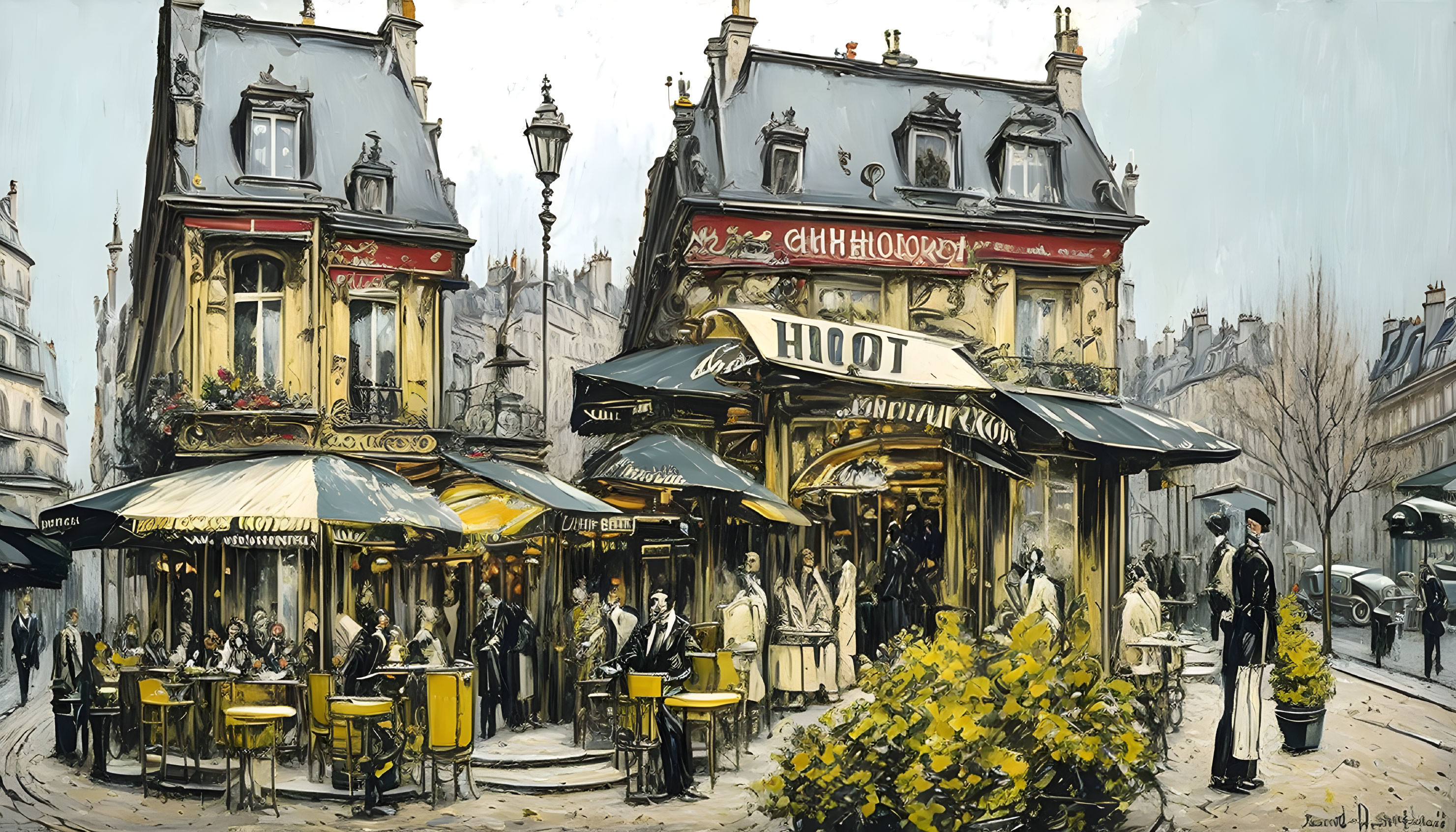 Busy Parisian Street Scene with Outdoor Cafe and Pedestrians