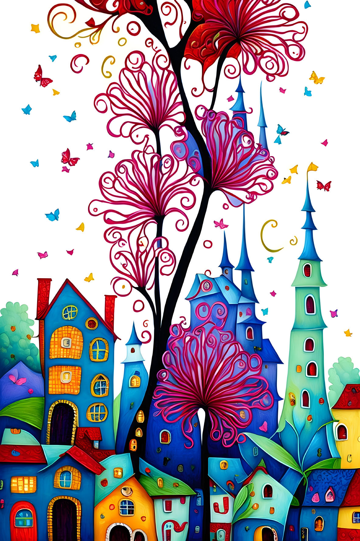 Colorful whimsical buildings and stylized trees with butterflies in the sky