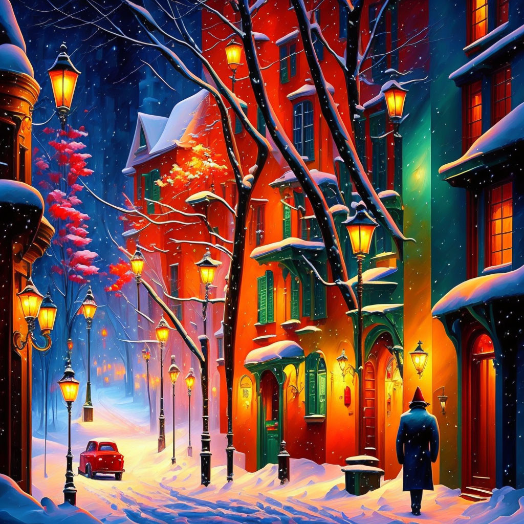 Snow-covered trees, street lamps, townhouses, and figure in vibrant winter night scene