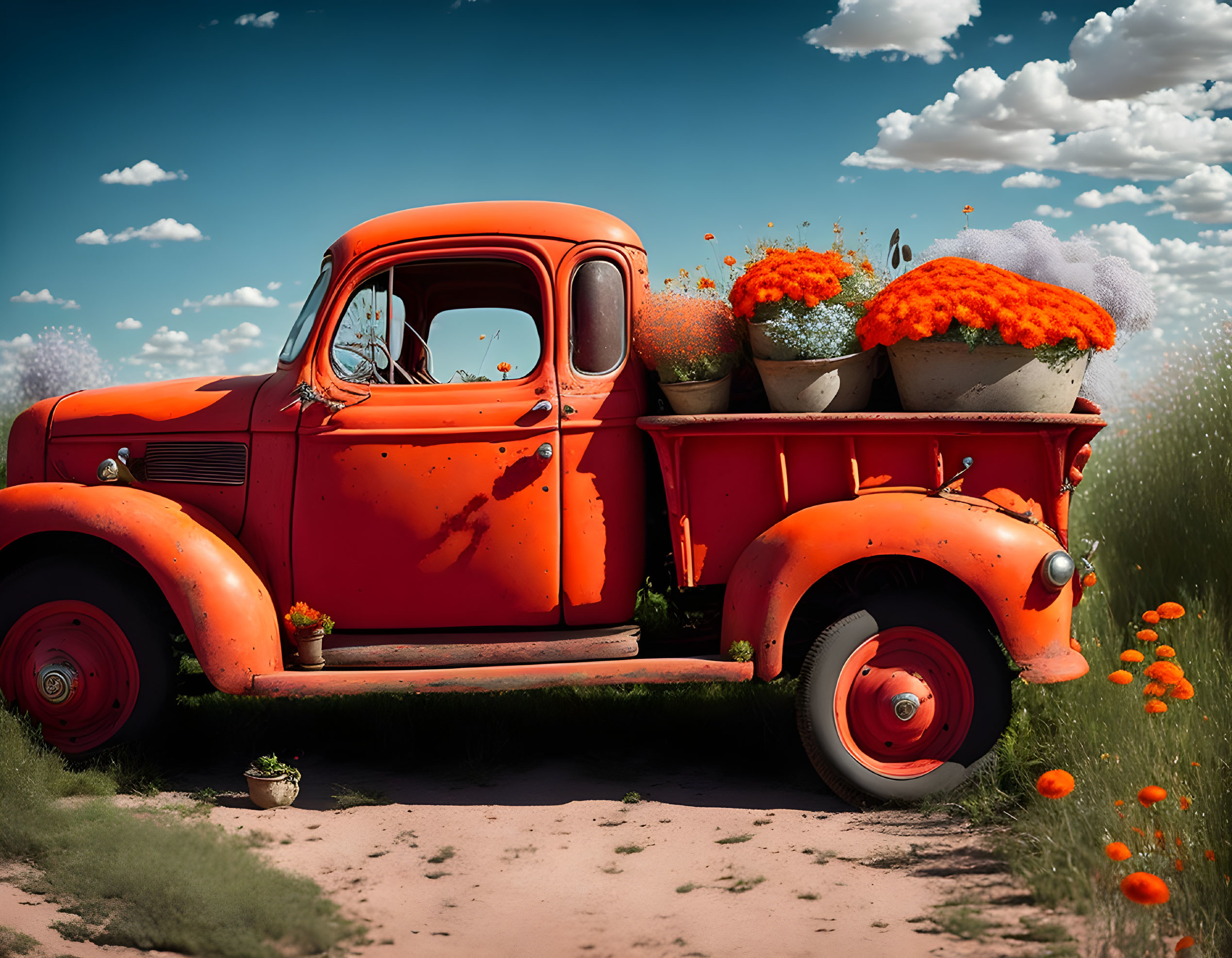 Vintage Red Pickup Truck with Orange Flowers on Dirt Path