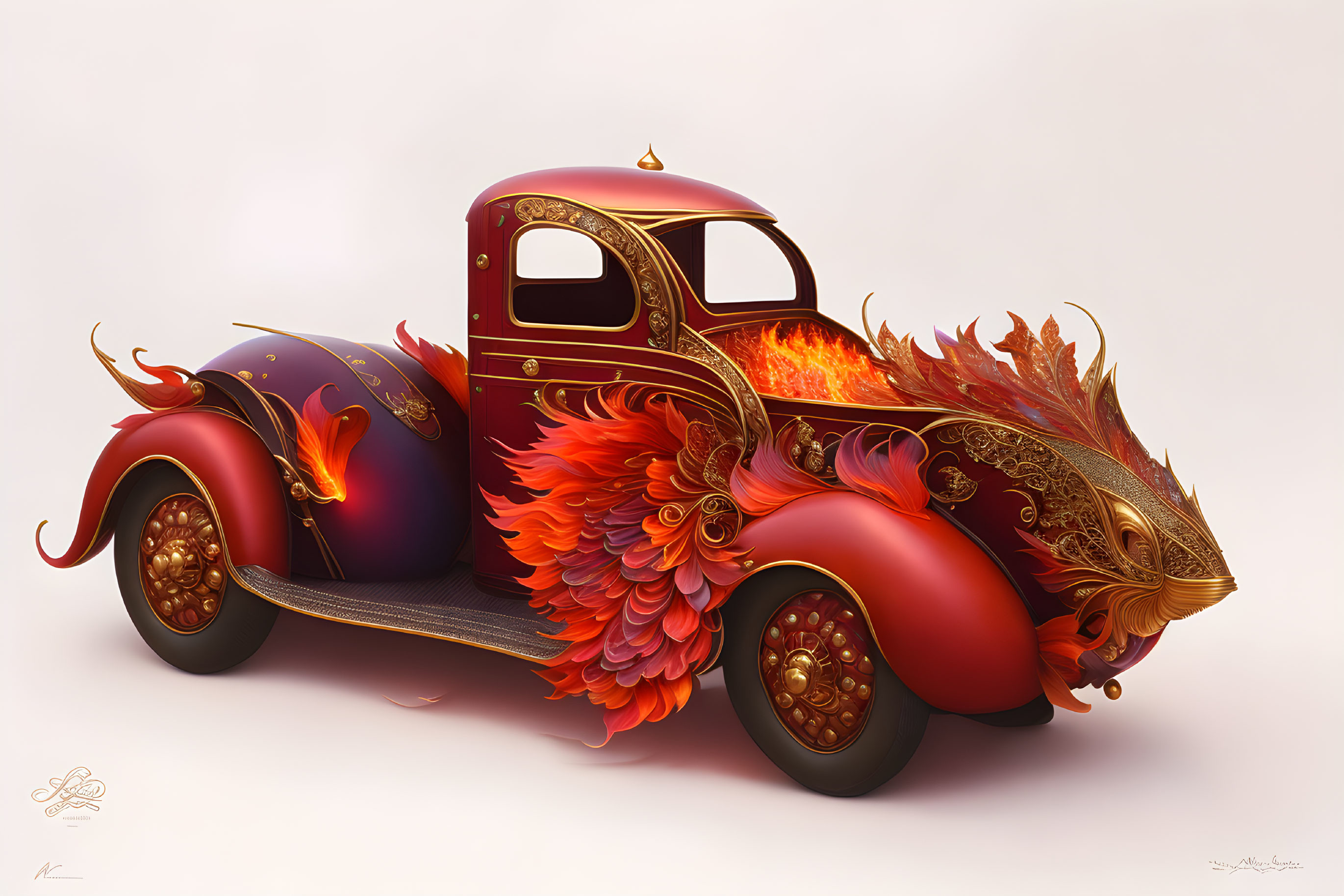 Fantasy vehicle design blending vintage truck with fiery bird elements