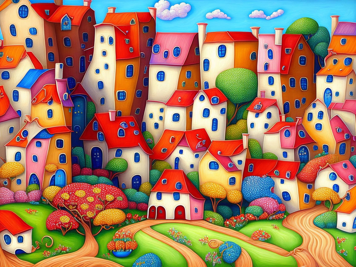 Colorful Whimsical Houses Illustration with Trees and Paths