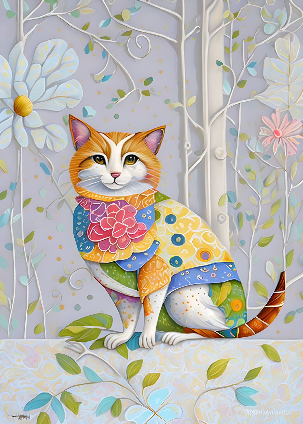 Colorful Cat Illustration Among Floral Motifs and Whimsical Background