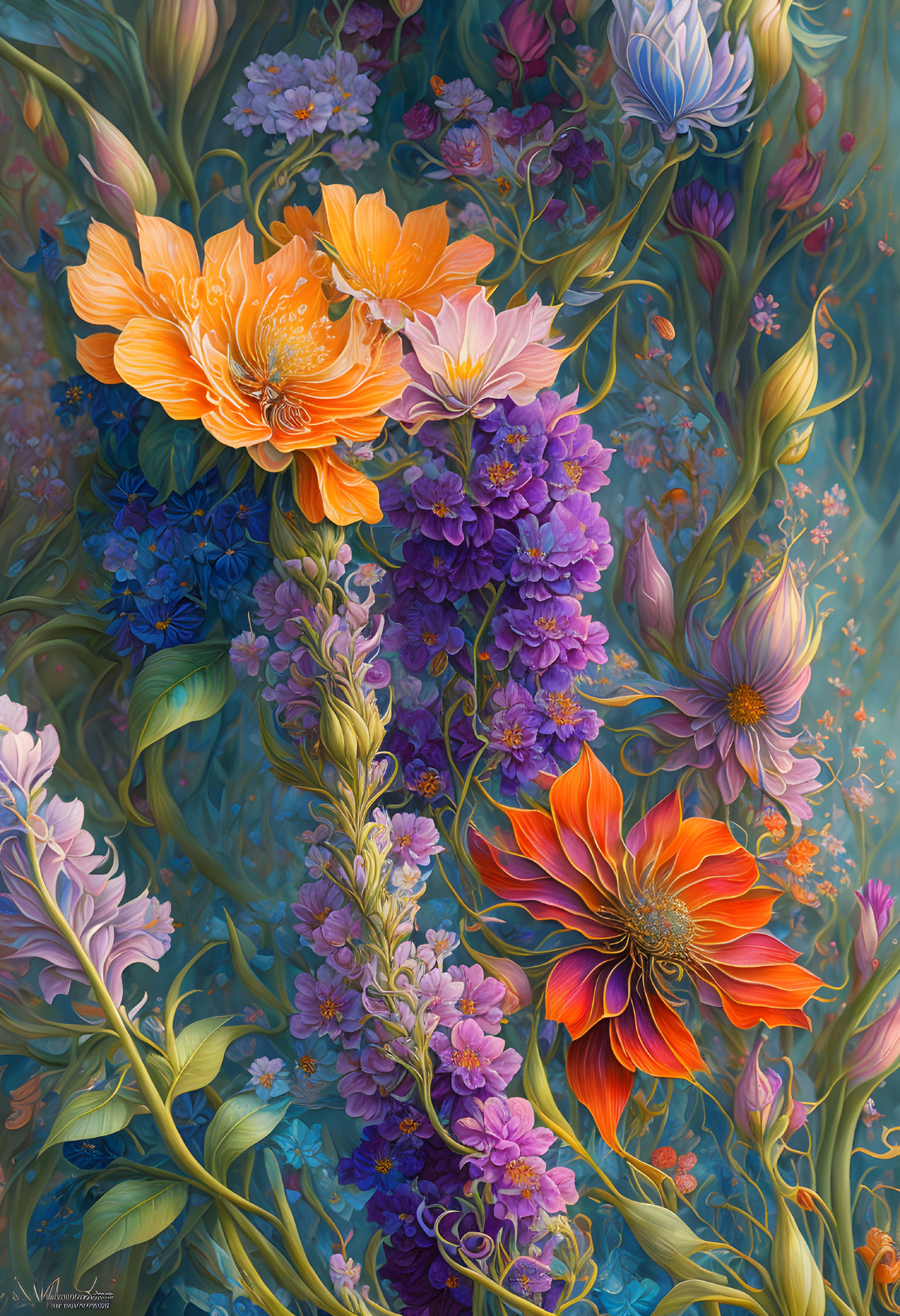 Colorful Floral Painting with Orange, Purple, and Blue Flowers