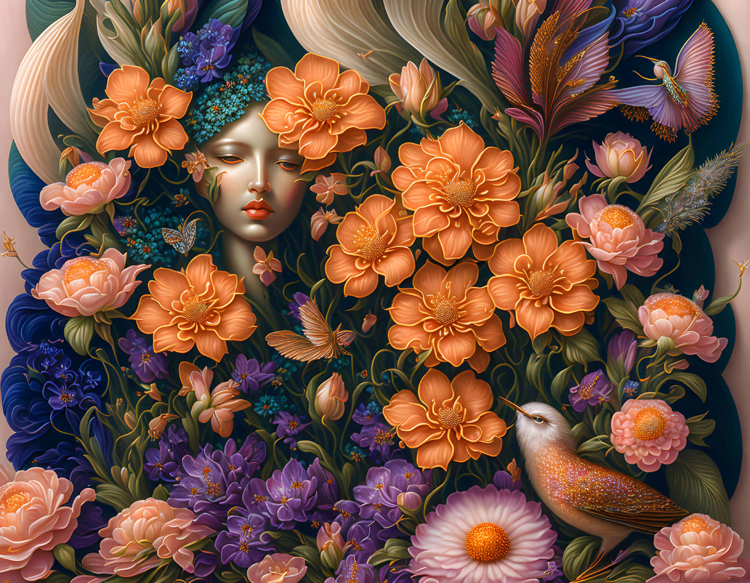 Surreal illustration of woman's face with flowers and bird