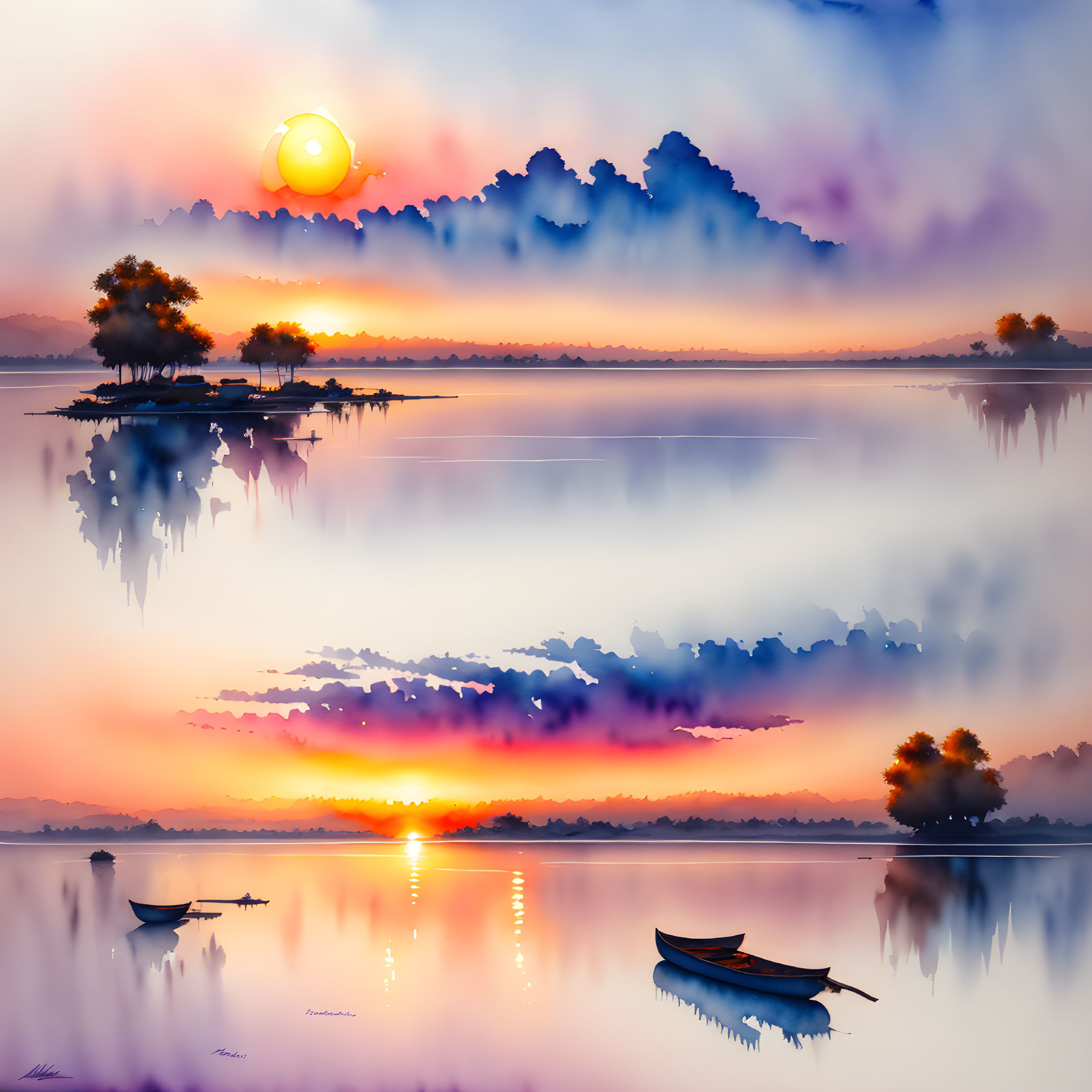 Tranquil sunset over calm lake with silhouetted trees and boats