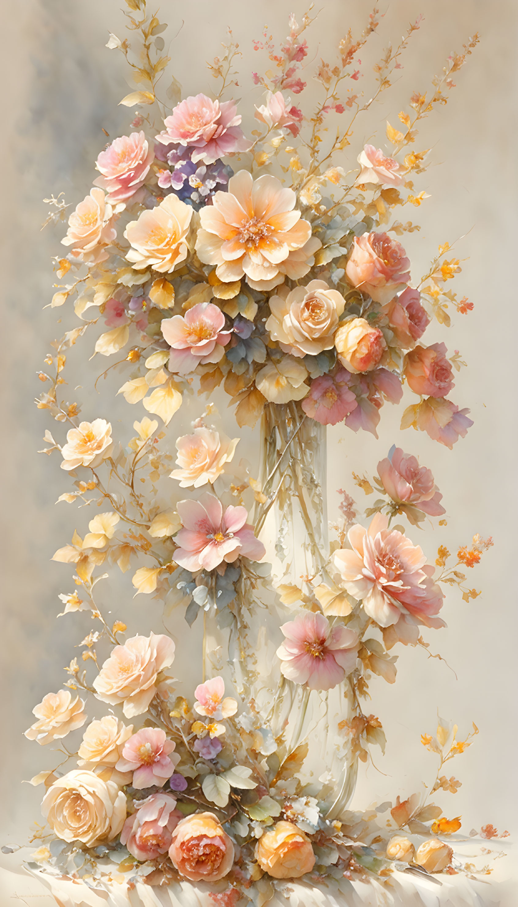 Pastel-colored flowers in tall glass vase on neutral background