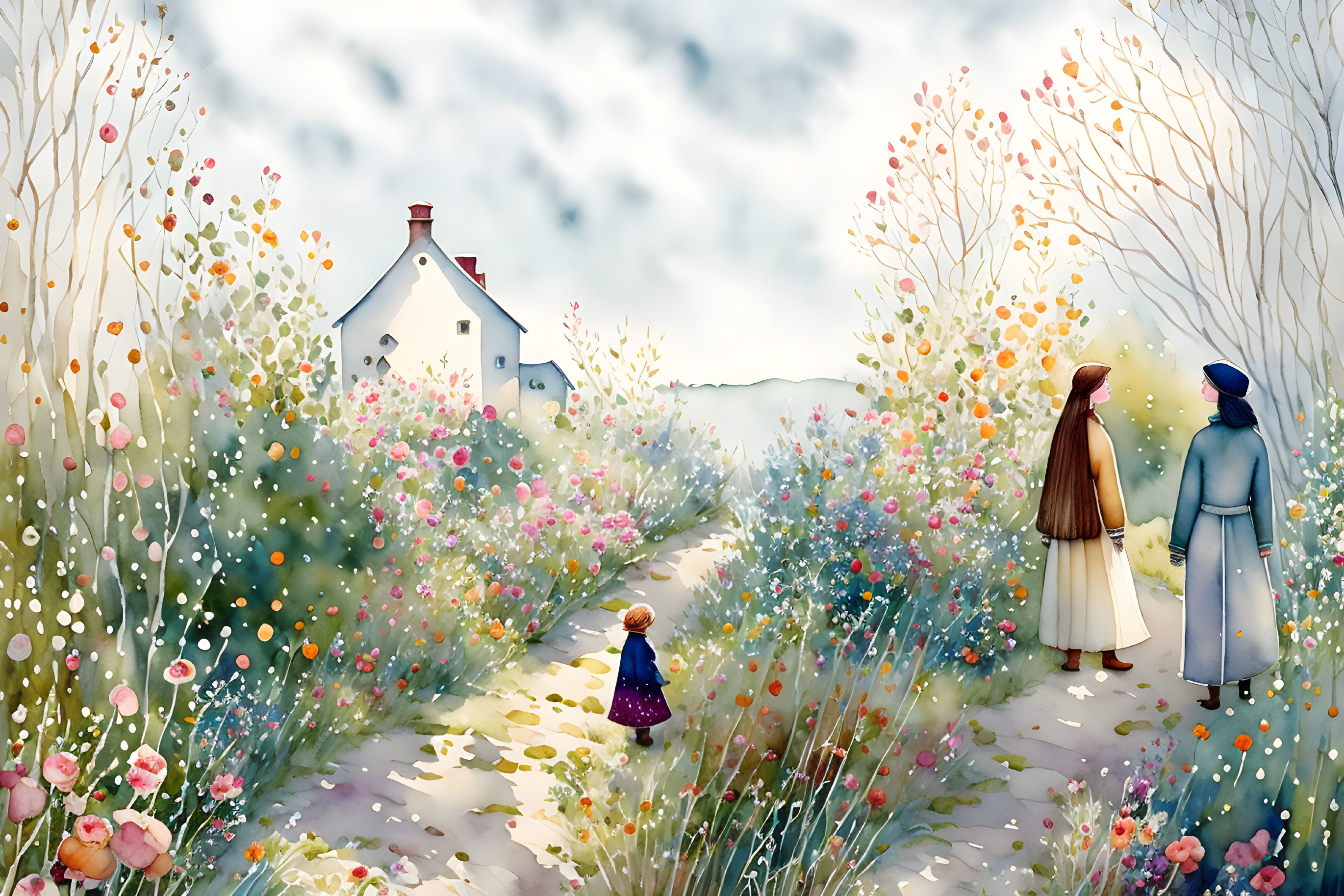 Illustration of family walking on flowery path towards whimsical house