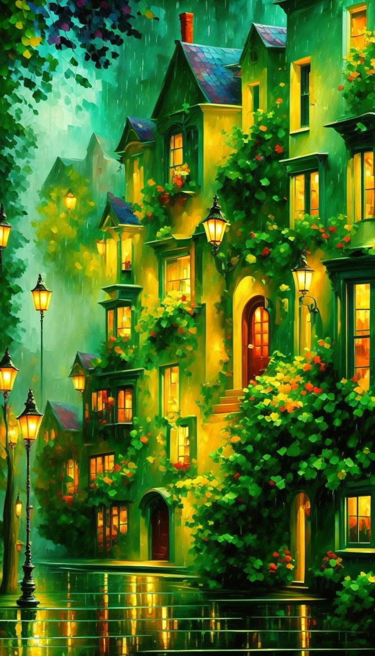 Impressionistic painting of ivy-covered buildings on rain-slicked street