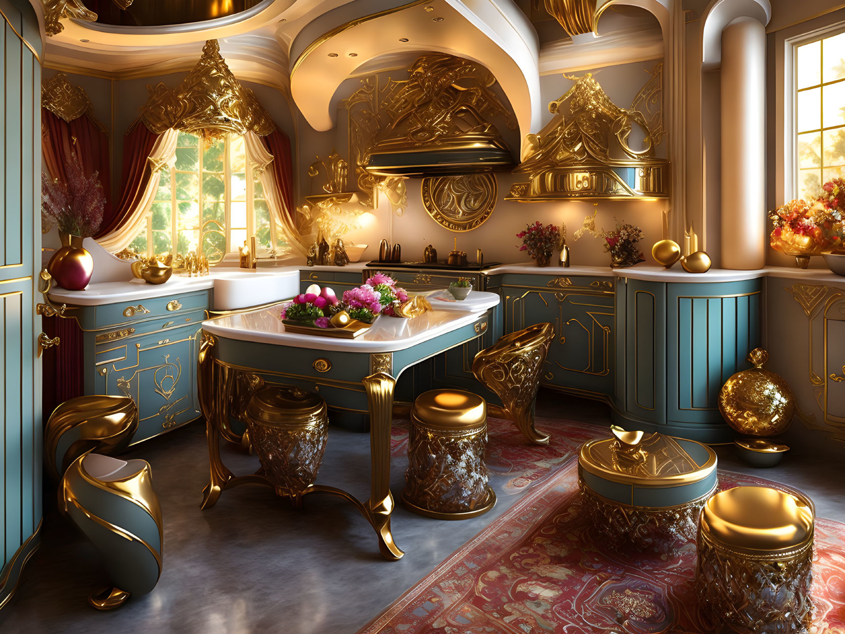 Luxurious Bathroom with Gold Accents, Blue Cabinets, Marble Surfaces, Ornate Mirrors,