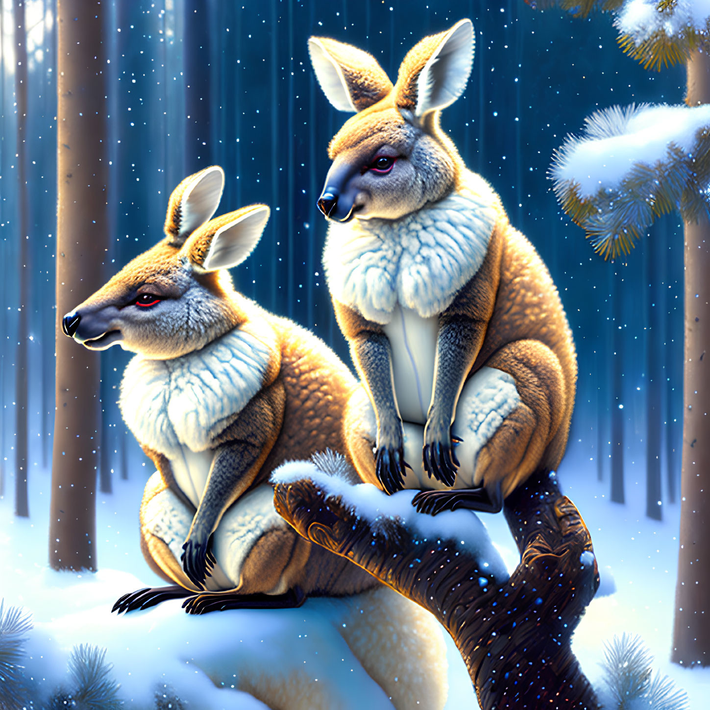 Two kangaroos with thick fur in snowy forest, one with paws on tree branch