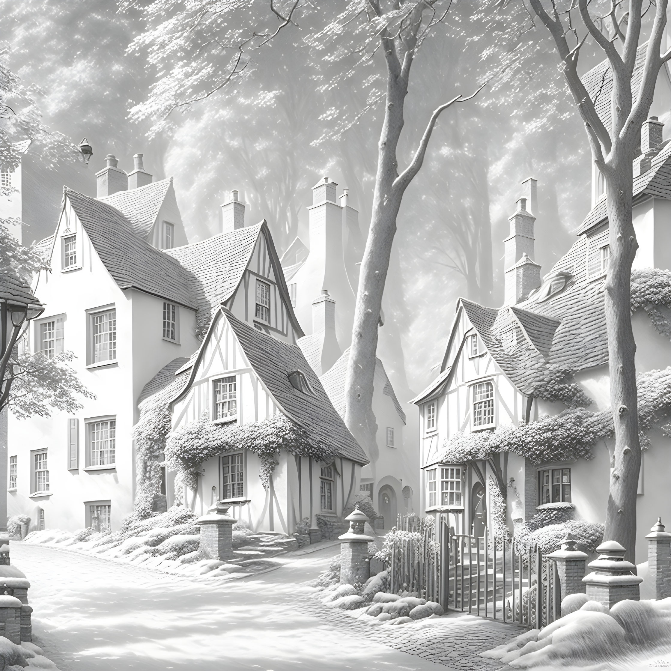 Monochrome winter village scene with snow-covered cottages and bare trees