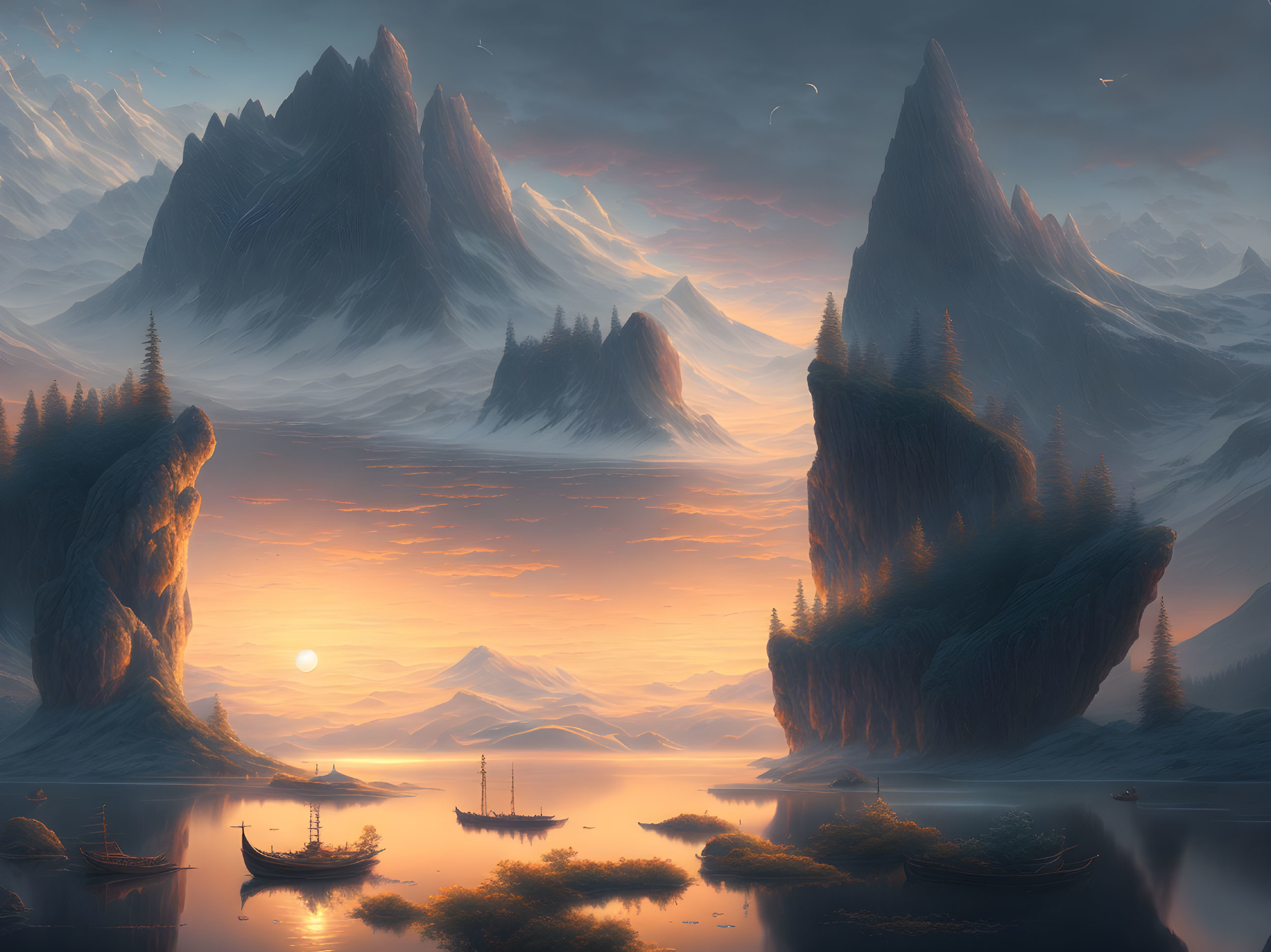 Majestic mountains, serene waters, boats, and a glowing sky with birds.