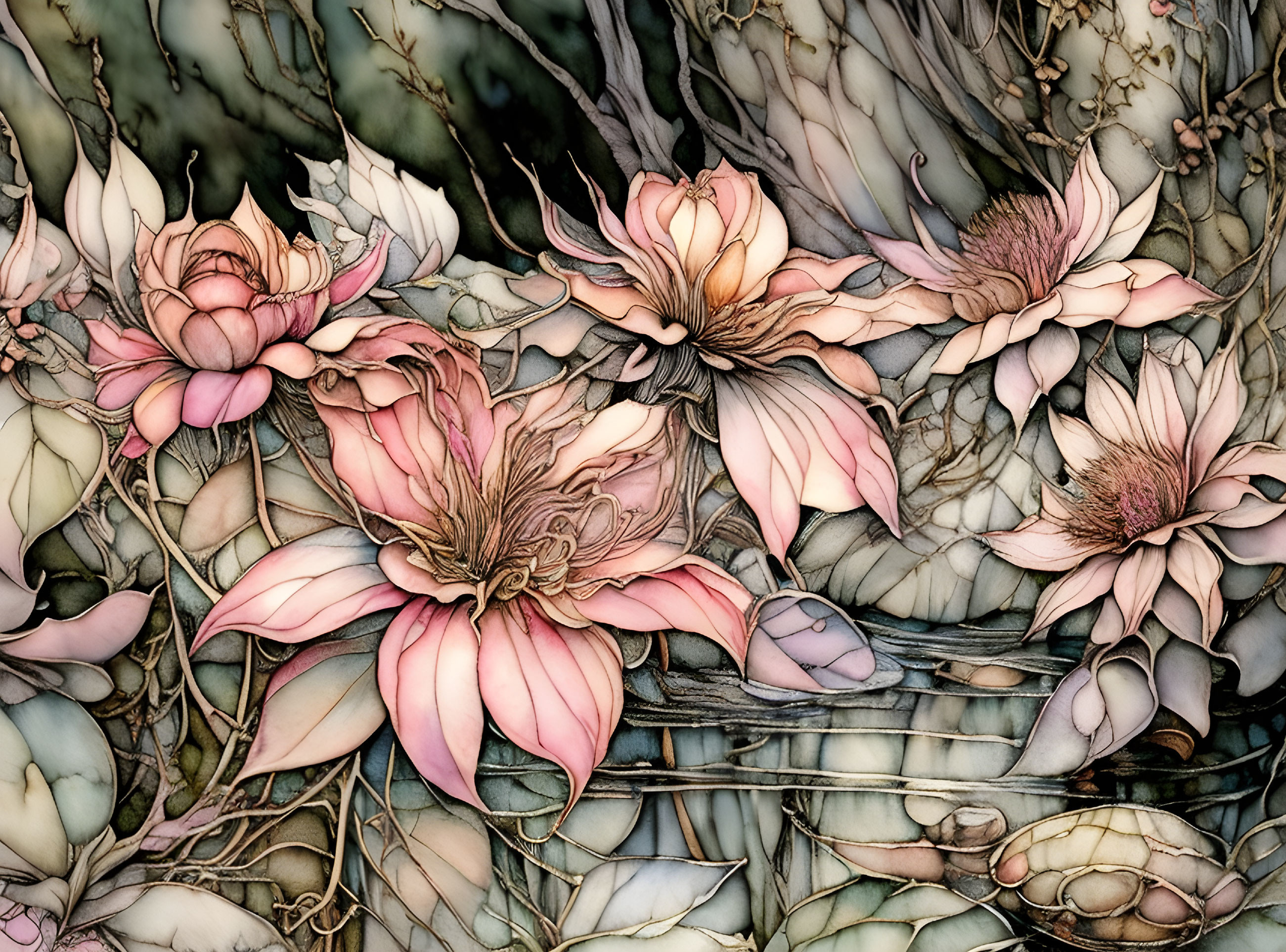 Detailed blooming flowers in pastel colors like stained glass