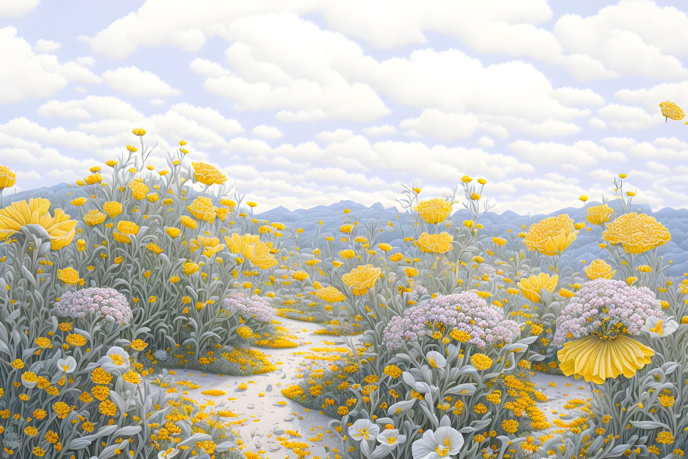 Colorful flower field illustration with mountains and cloudy sky