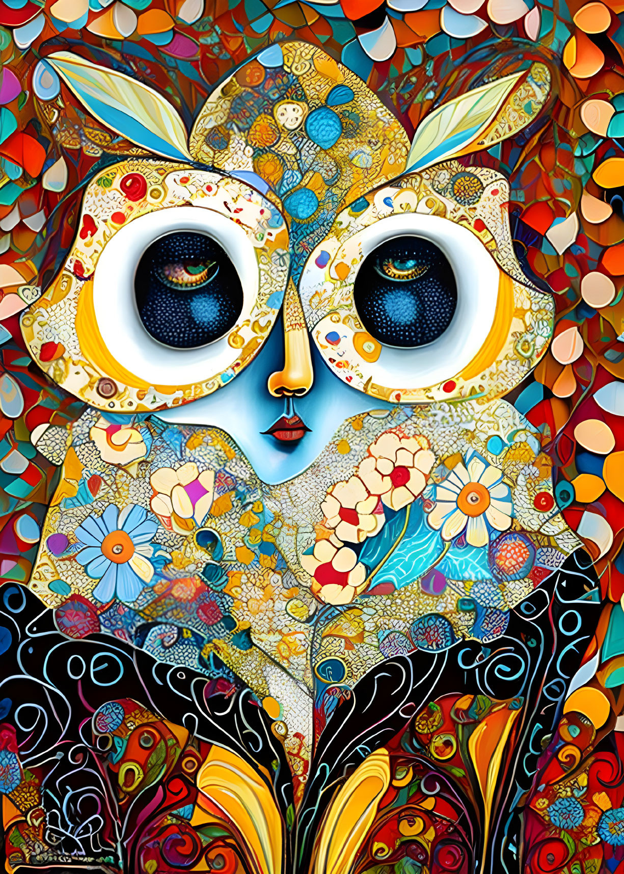 Vibrant owl illustration with captivating eyes and floral mosaic patterns