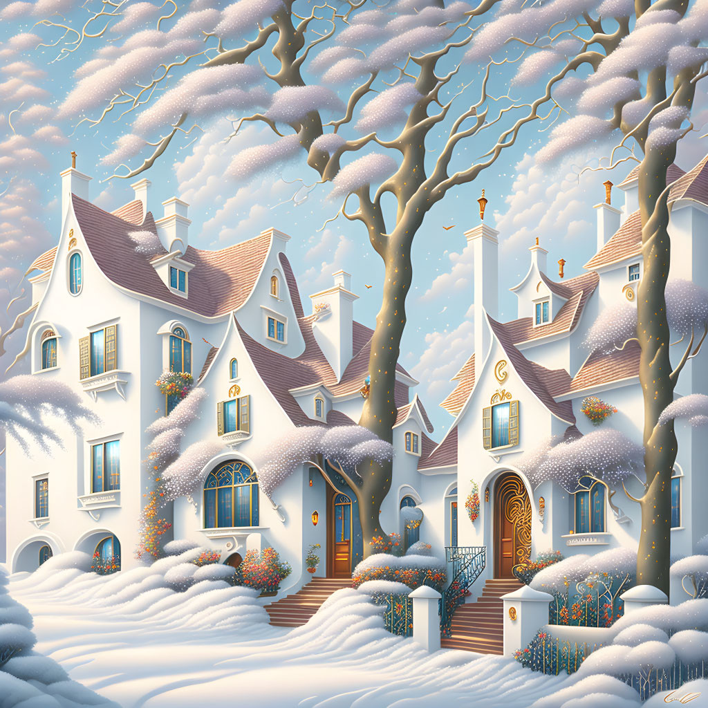 Snow-covered cottages with unique architecture in whimsical winter scene