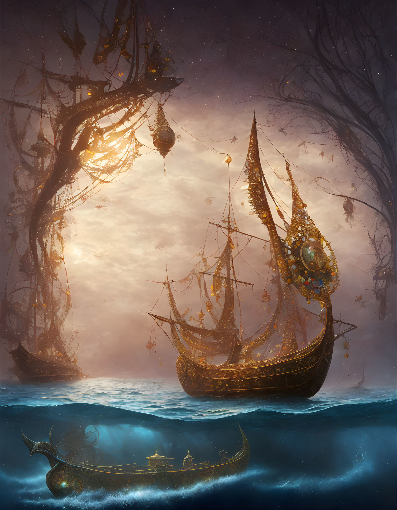 Golden sailboat sailing under glowing lanterns in mystical fog