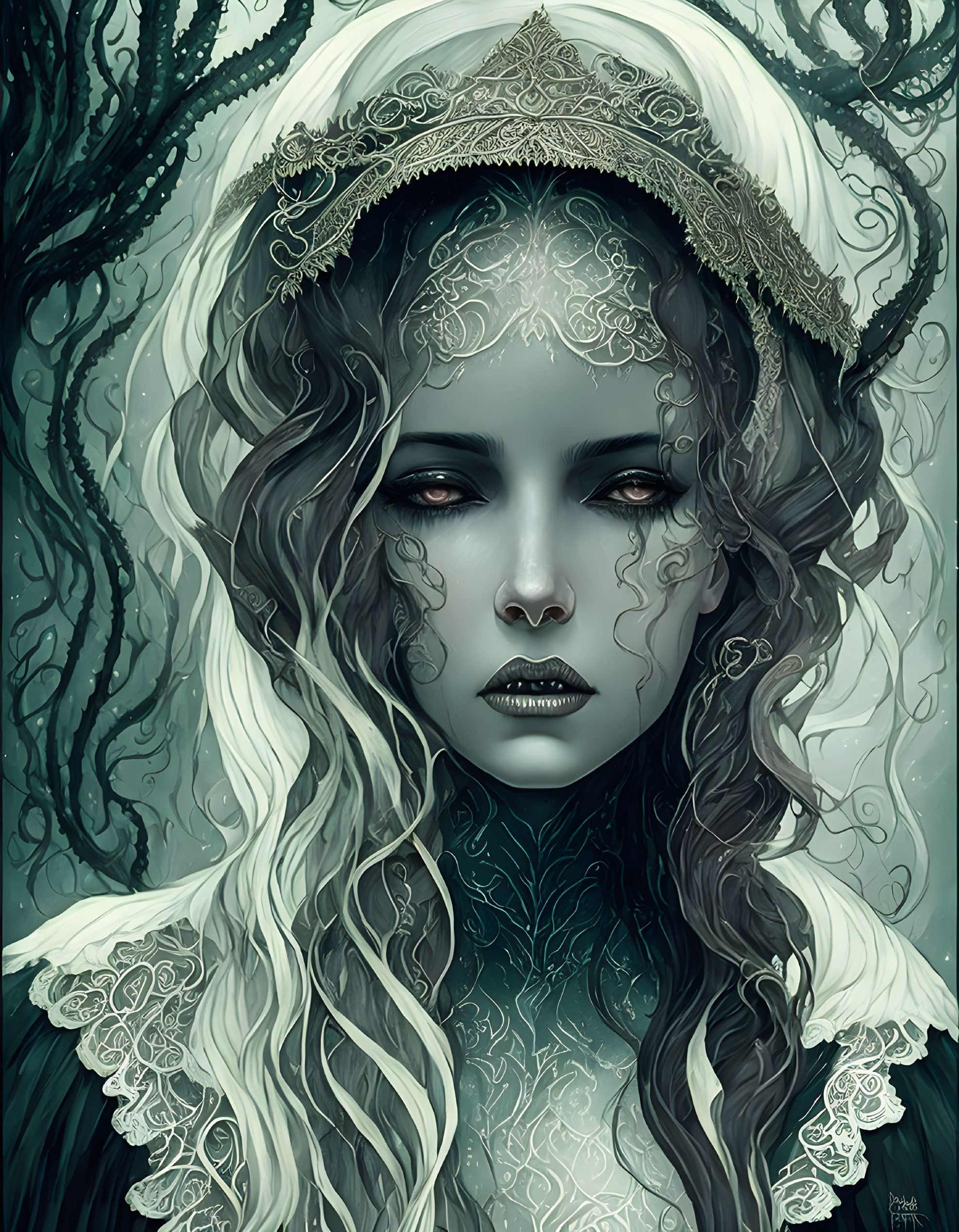 Pale-skinned woman with dark lips and crown in botanical setting