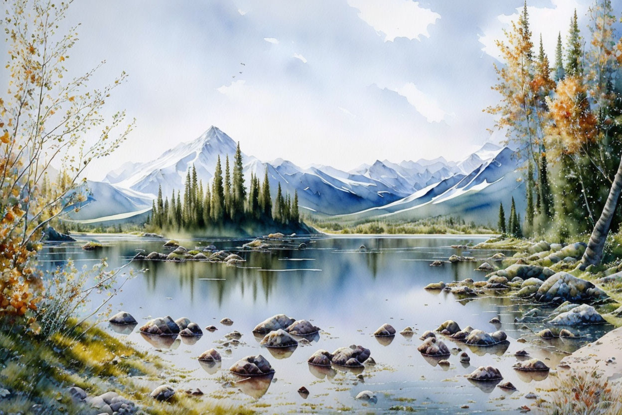 Tranquil landscape: lake, autumn trees, snow-capped mountains