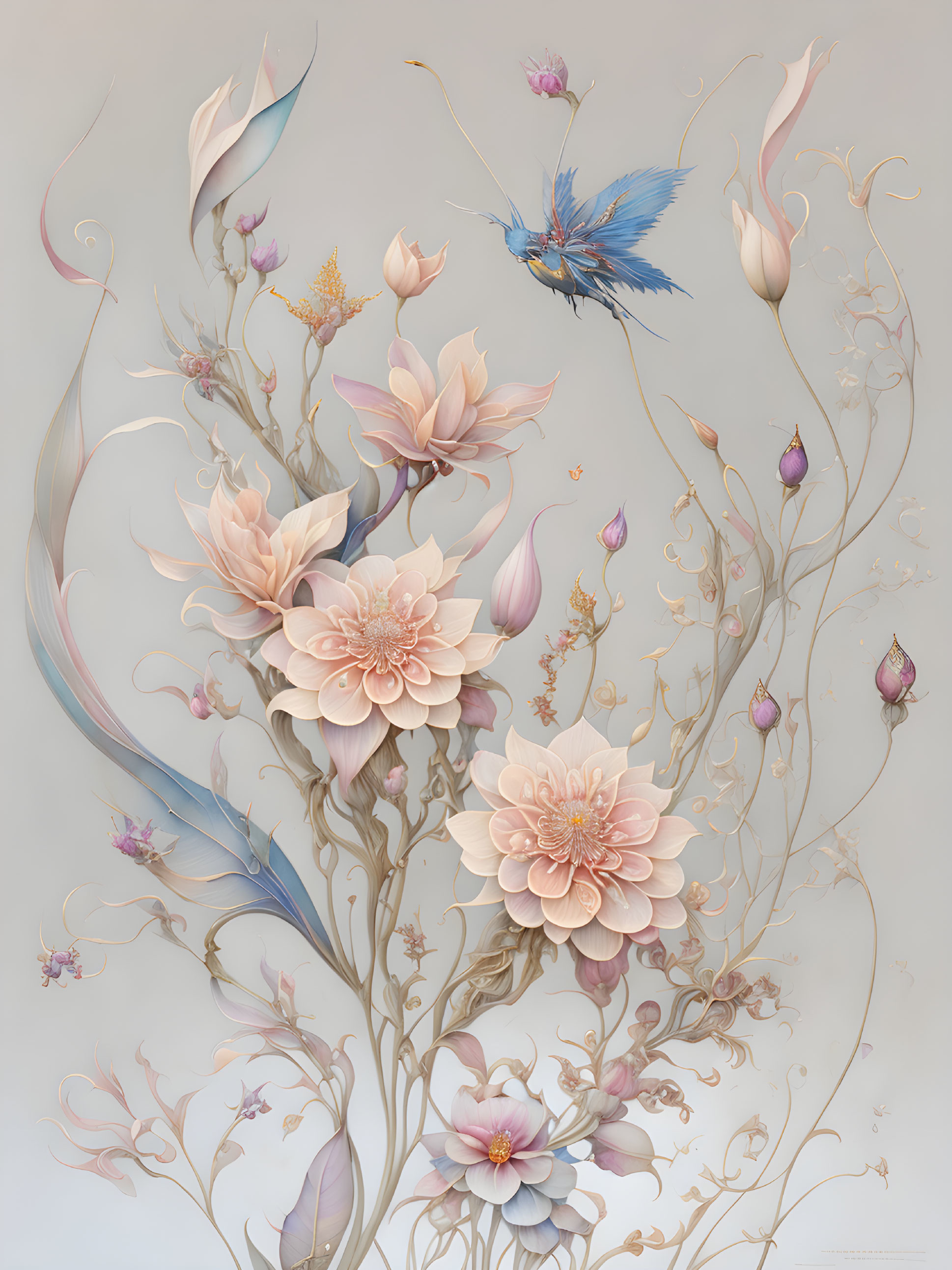 Pastel-colored flower arrangement with swirling stems and blue bird in flight