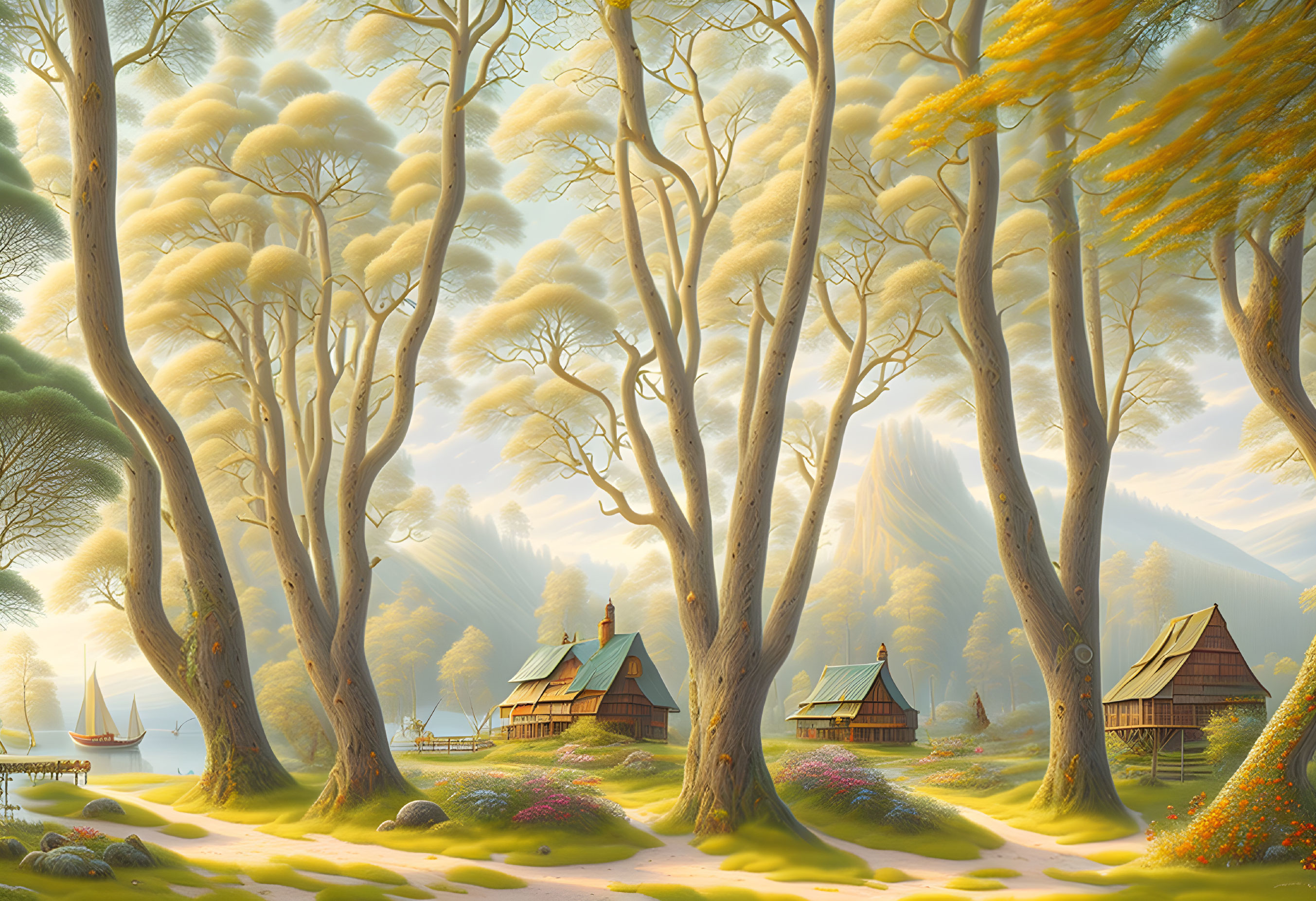 Tranquil landscape with golden trees, lake, cabins, and sun rays