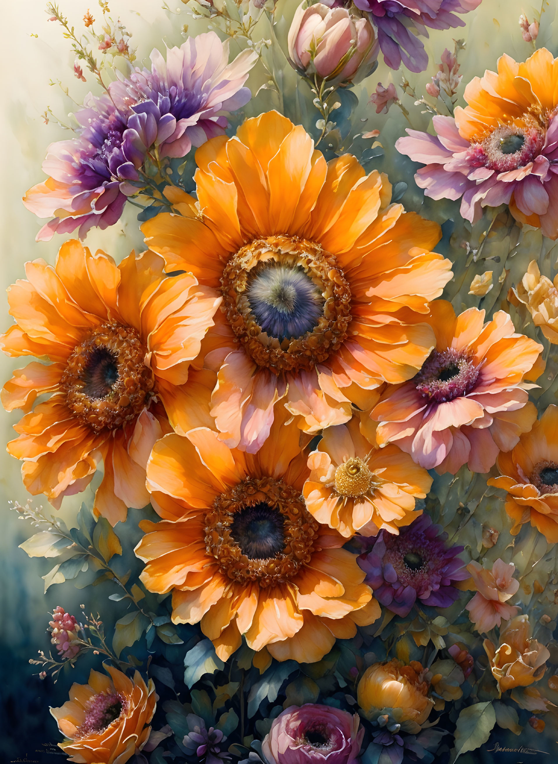 Colorful Flower Painting with Orange Sunflowers, Purple Blooms, and Green Foliage