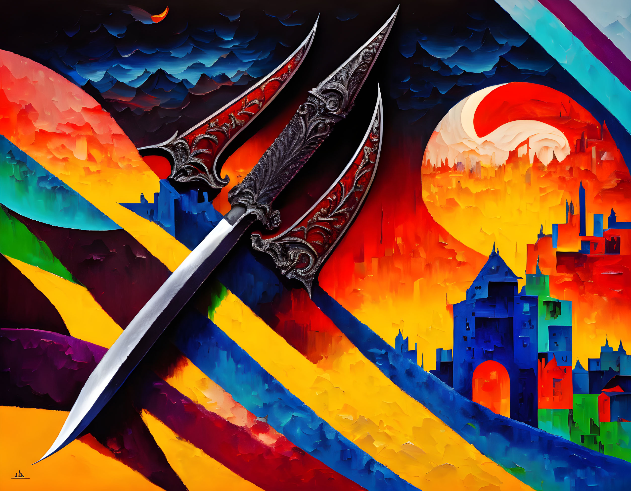 Intricate dagger on vibrant, stylized painting with cityscape