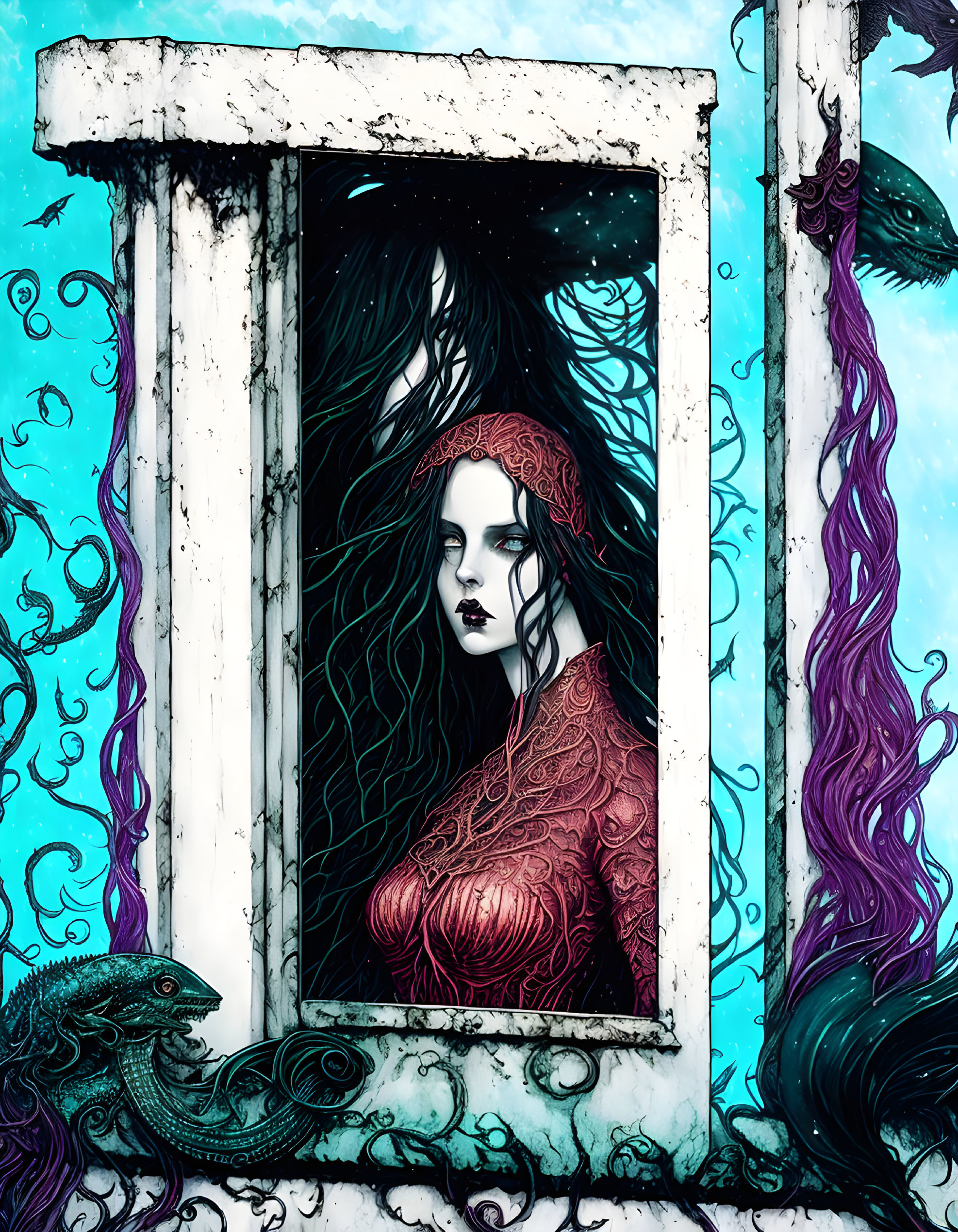 Surreal illustration of woman with black hair and red attire in white window with blue tentacles