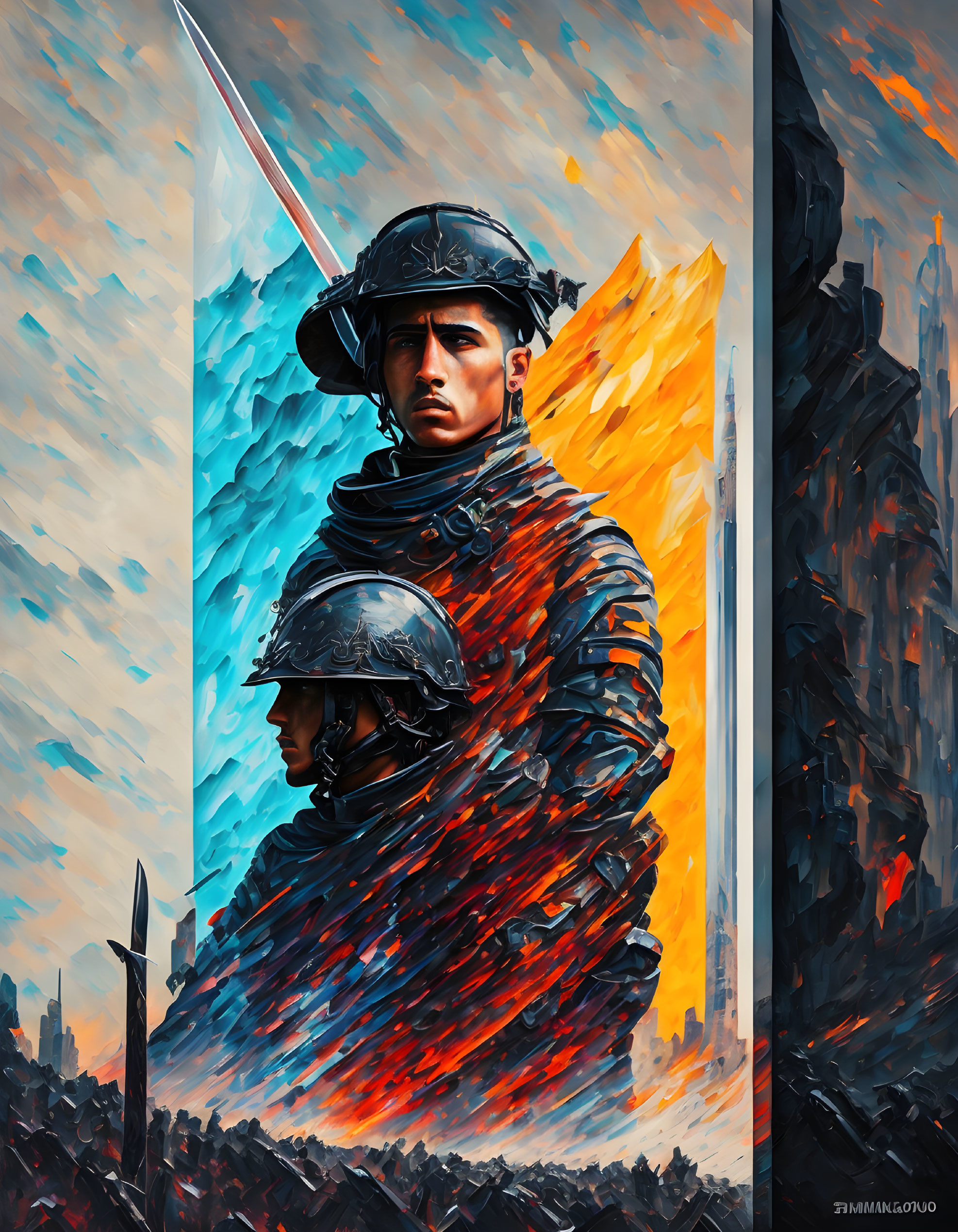 Soldiers' illustration with cool and warm colors, helmeted figure against fiery background