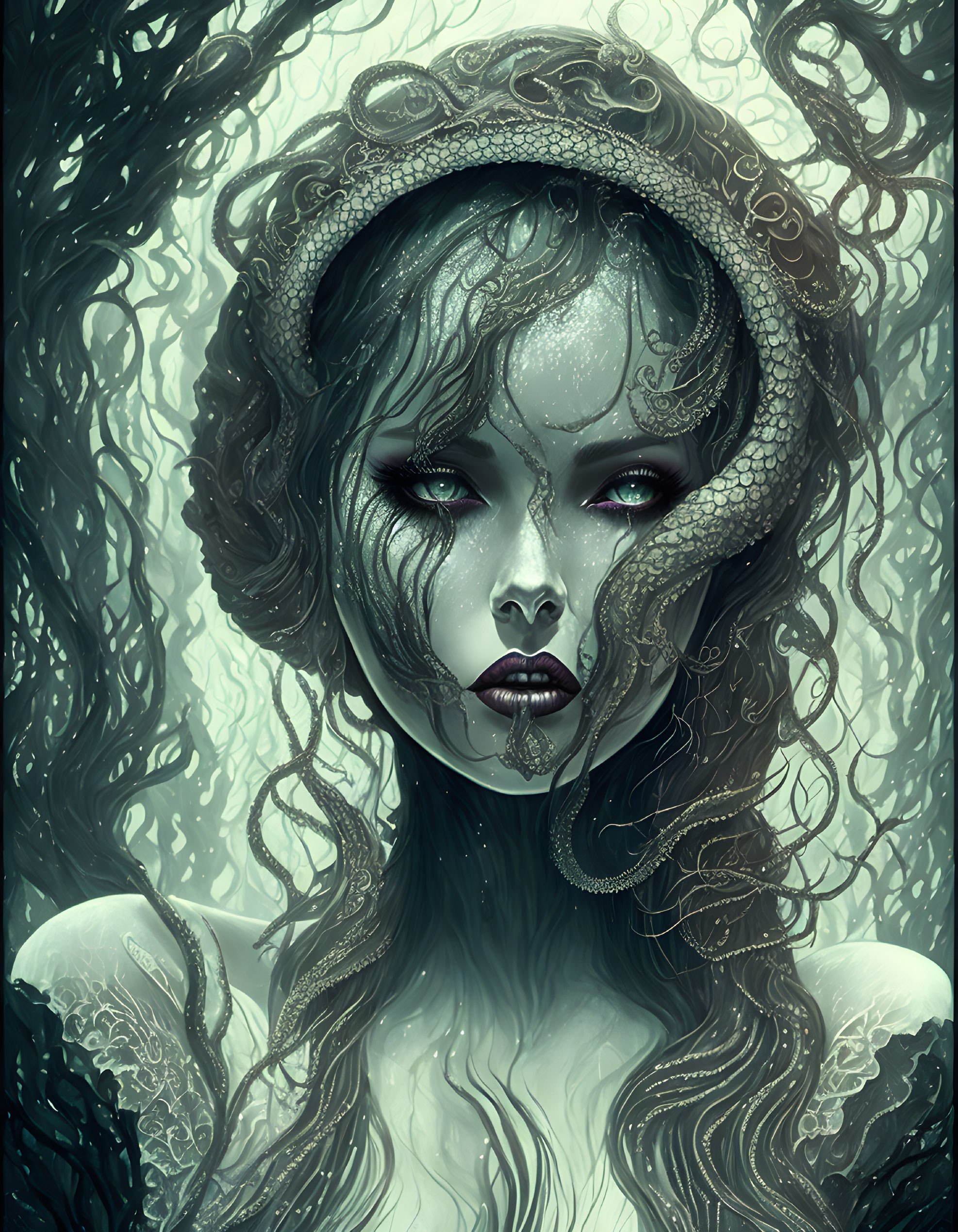 Illustrated portrait of woman with serpentine features in mystical forest with snakes.