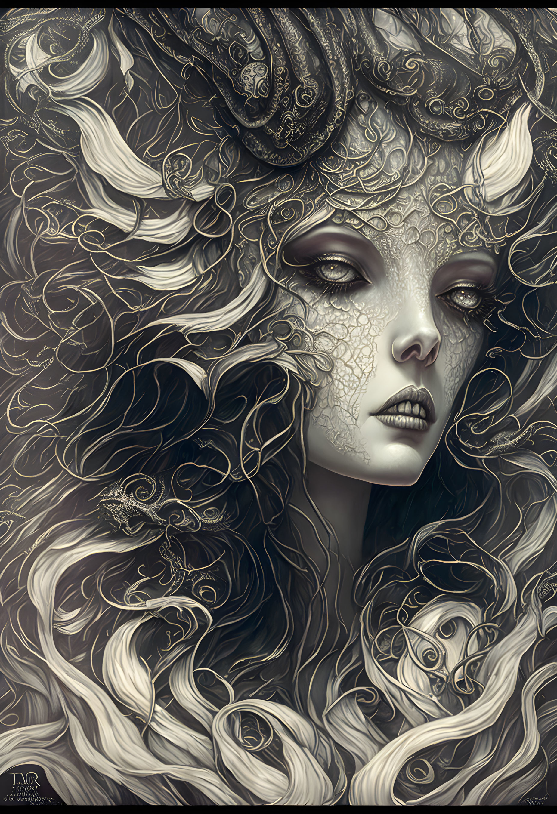 Gothic surreal artwork featuring pale female figure with intricate gold patterns