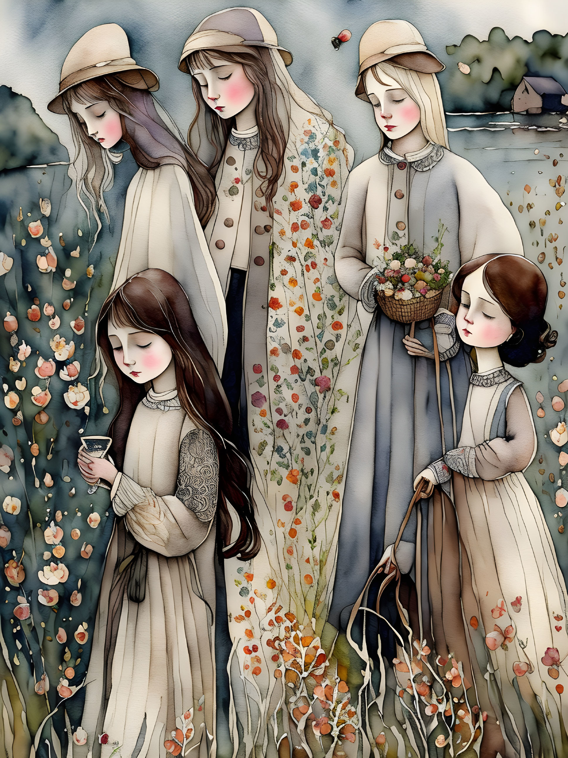 Vintage Dresses: Five Women Surrounded by Flowers, Two Admiring Bouquet and Book