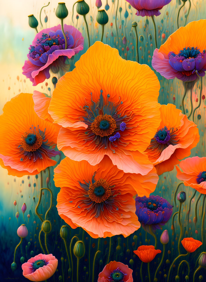 Vibrant orange poppies with blue stamens on dreamy backdrop