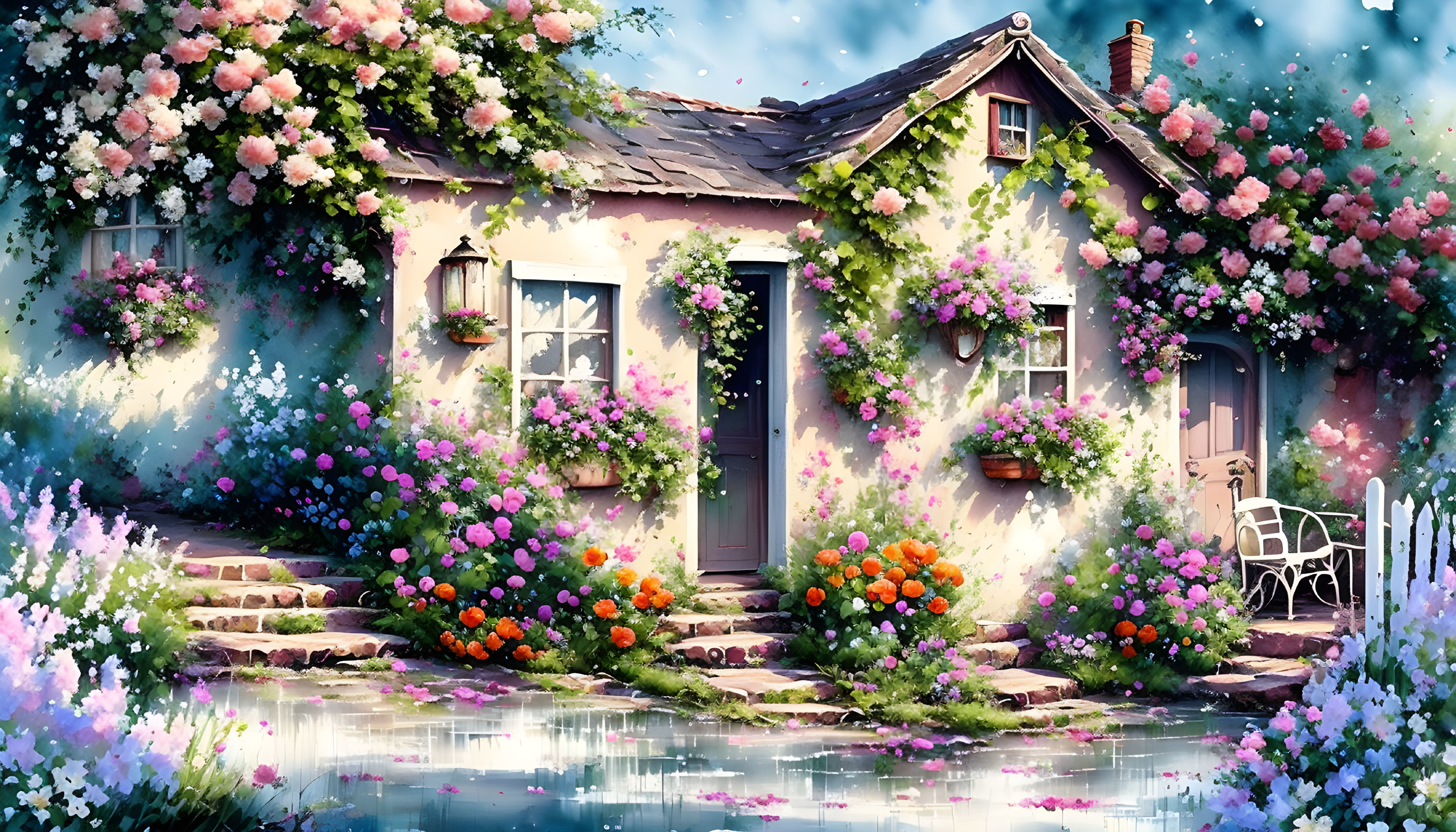 Charming cottage with flower garden and pond view