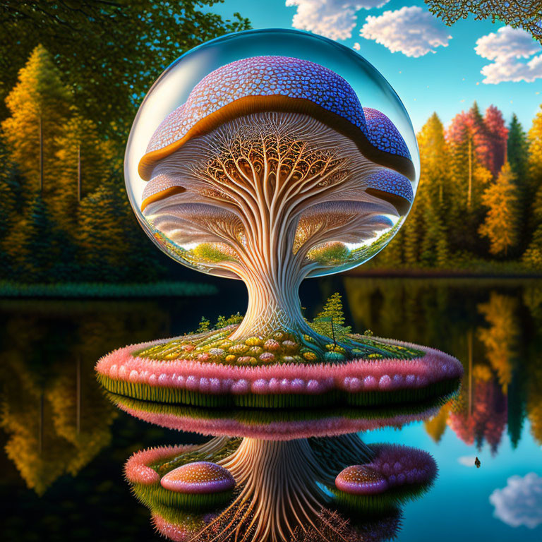 Surreal landscape with bubble-encased tree and colorful forest