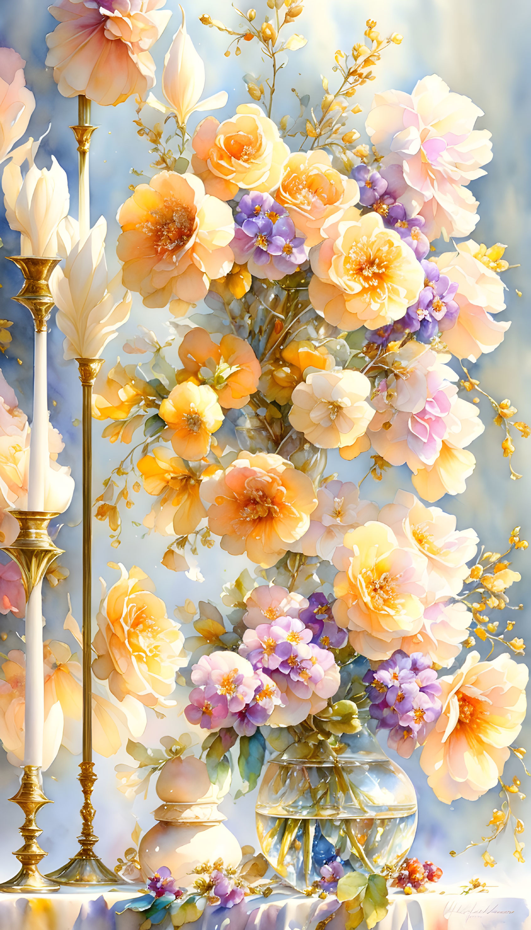 Peach and Lilac Flowers in Transparent Vase with Golden Candlestick