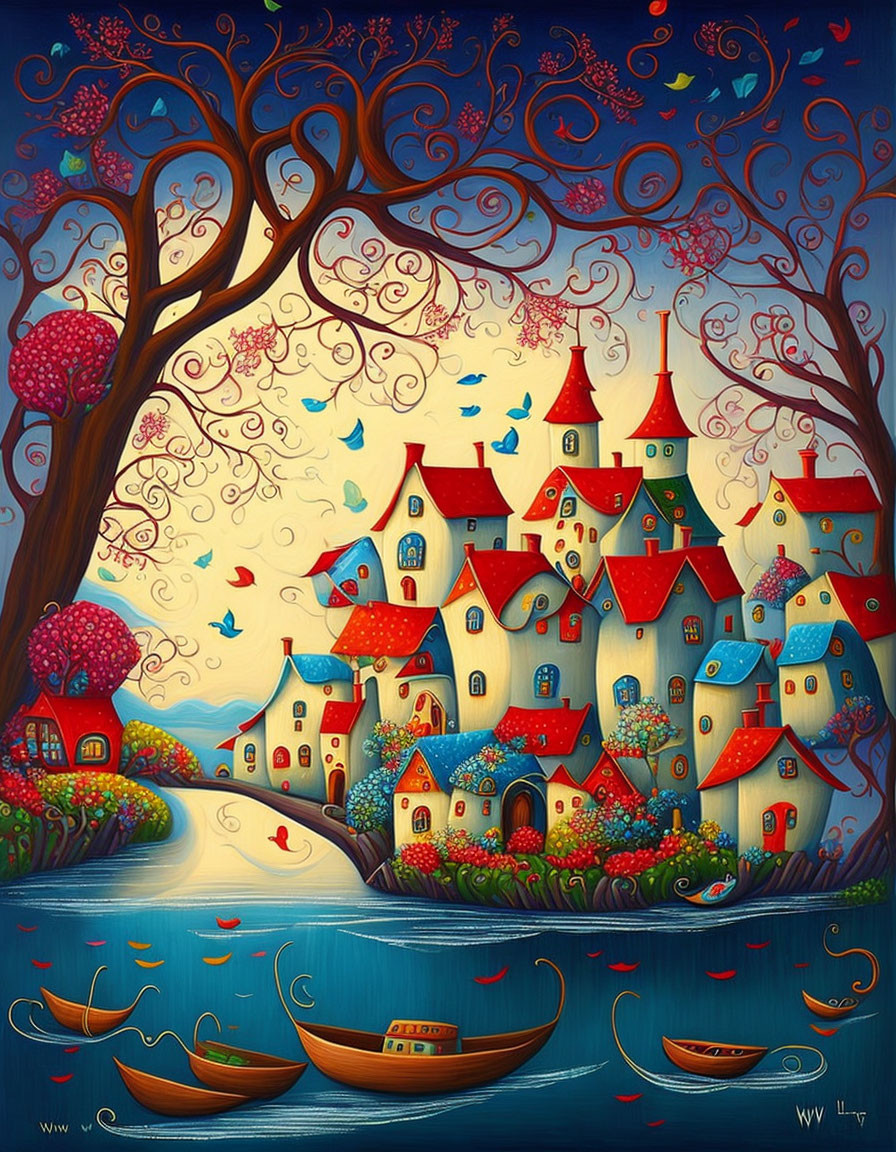 Colorful village scene with whimsical houses, blooming flowers, boats on a blue river, and