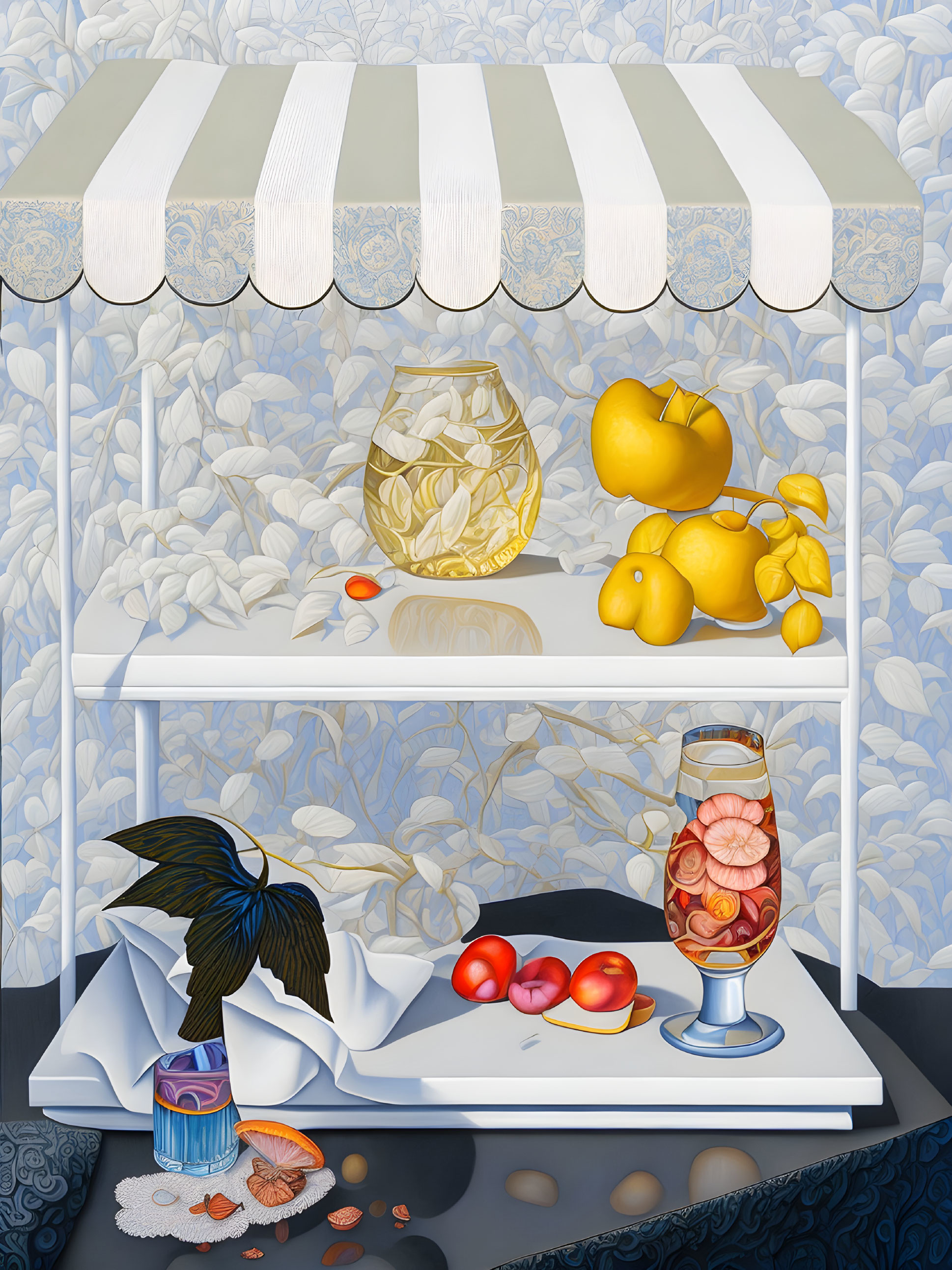 Colorful Still Life Painting with Fruits, Goldfish Bowl, Bird, and Floral Patterns